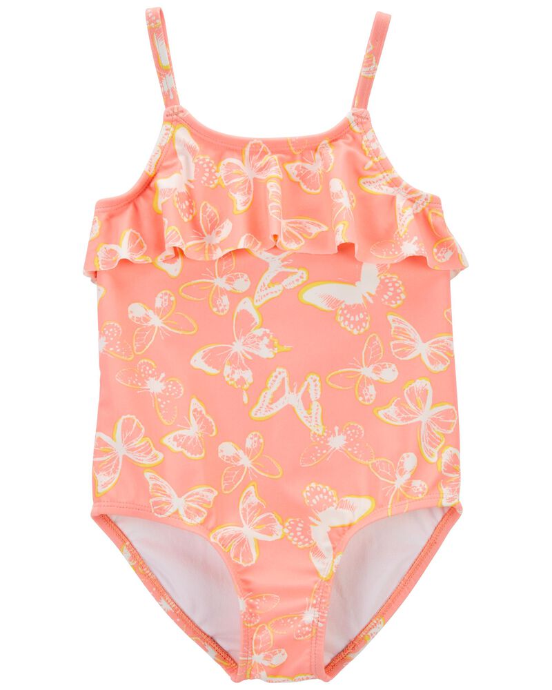 Coral, Orange Butterfly Print Ruffle 1-Piece Swimsuit | Carter’s ...