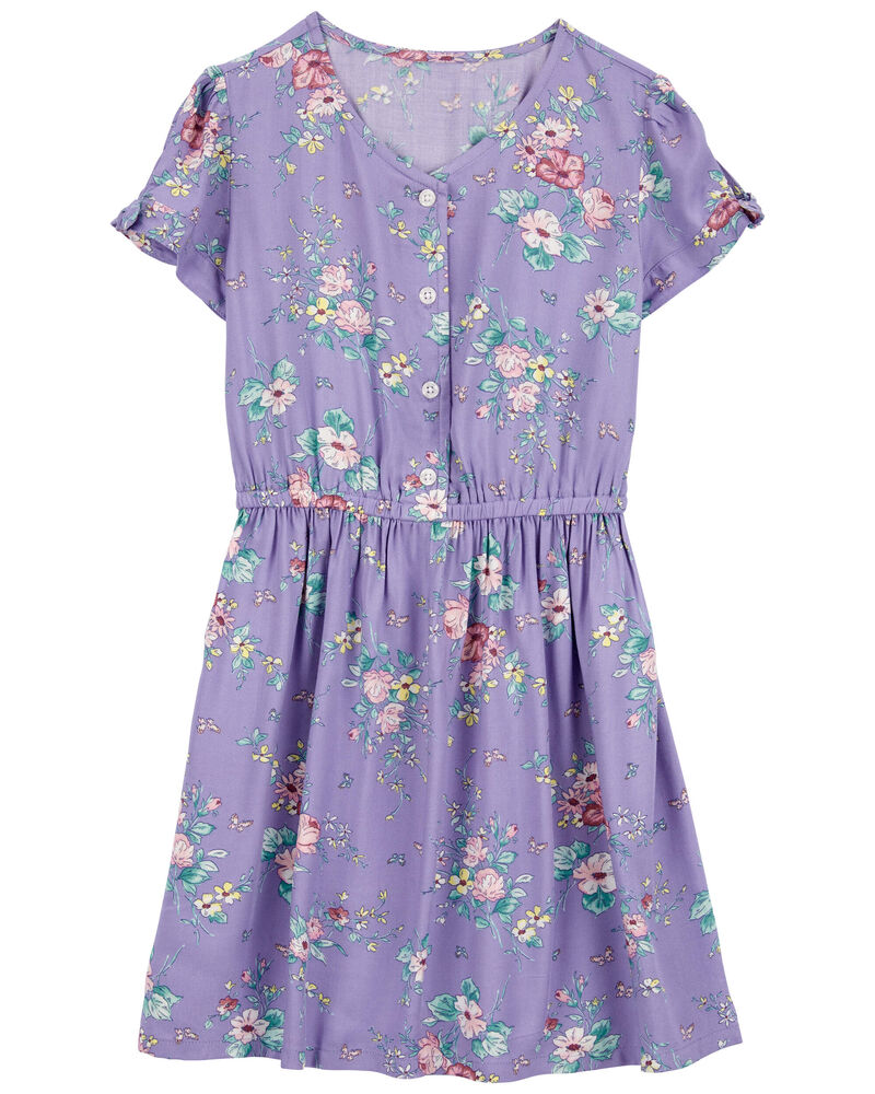 Purple LENZING™ ECOVERO™ Button-Front Vintage Floral Dress