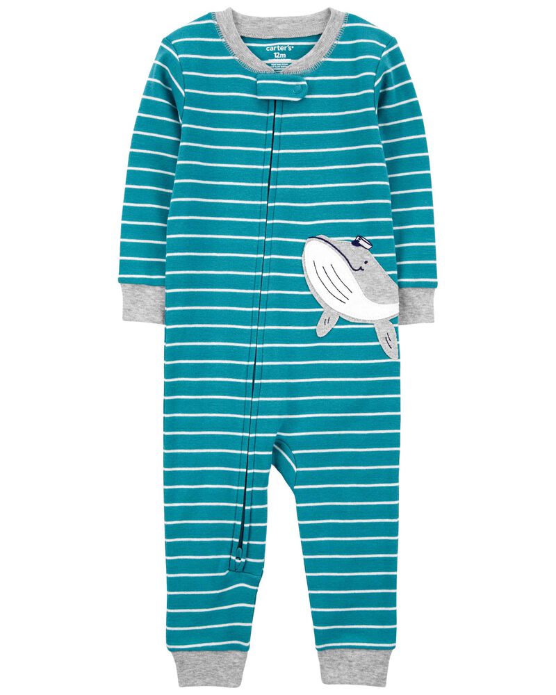 Blue 1-Piece Striped Whale 100% Snug Fit Cotton Footless Pyjamas