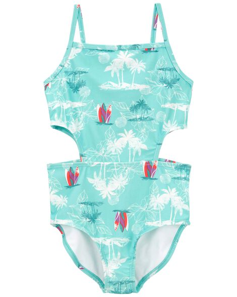 Blue Floral Print Cut-Out Swimsuit