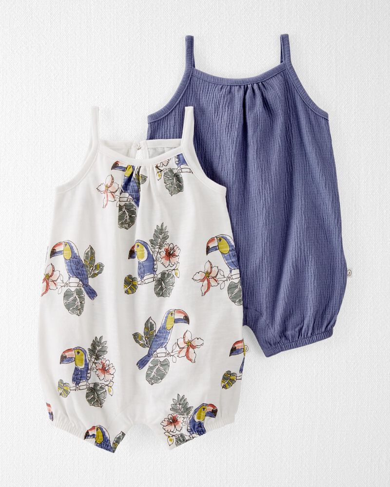Toucan Print/Deep Lilac 2-Pack Organic Cotton Bubble Rompers