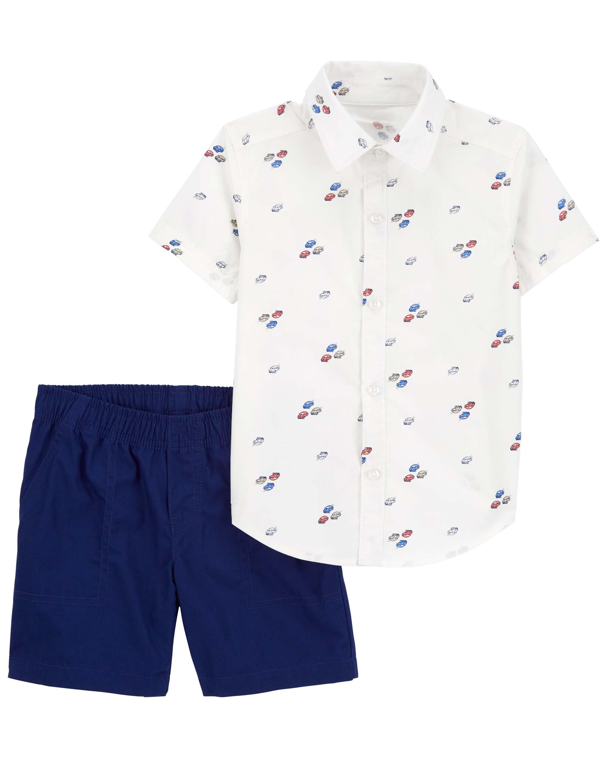 White/Navy 2-Piece Button-Down Shirt & Short Set | Carter's 