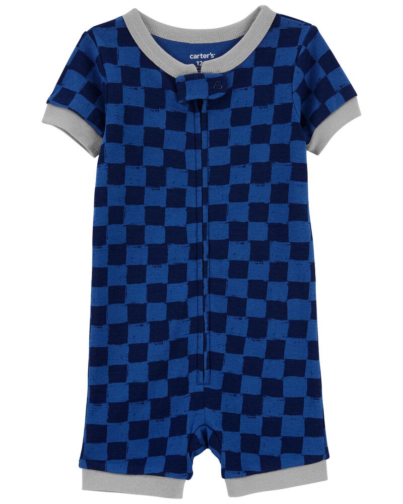 Carter's Baby Checkered Cotton Romper- Navy Blue - Cotton Mixes or Cotton Poly - 3 to 6 Months - Blue - Boys - for Infant