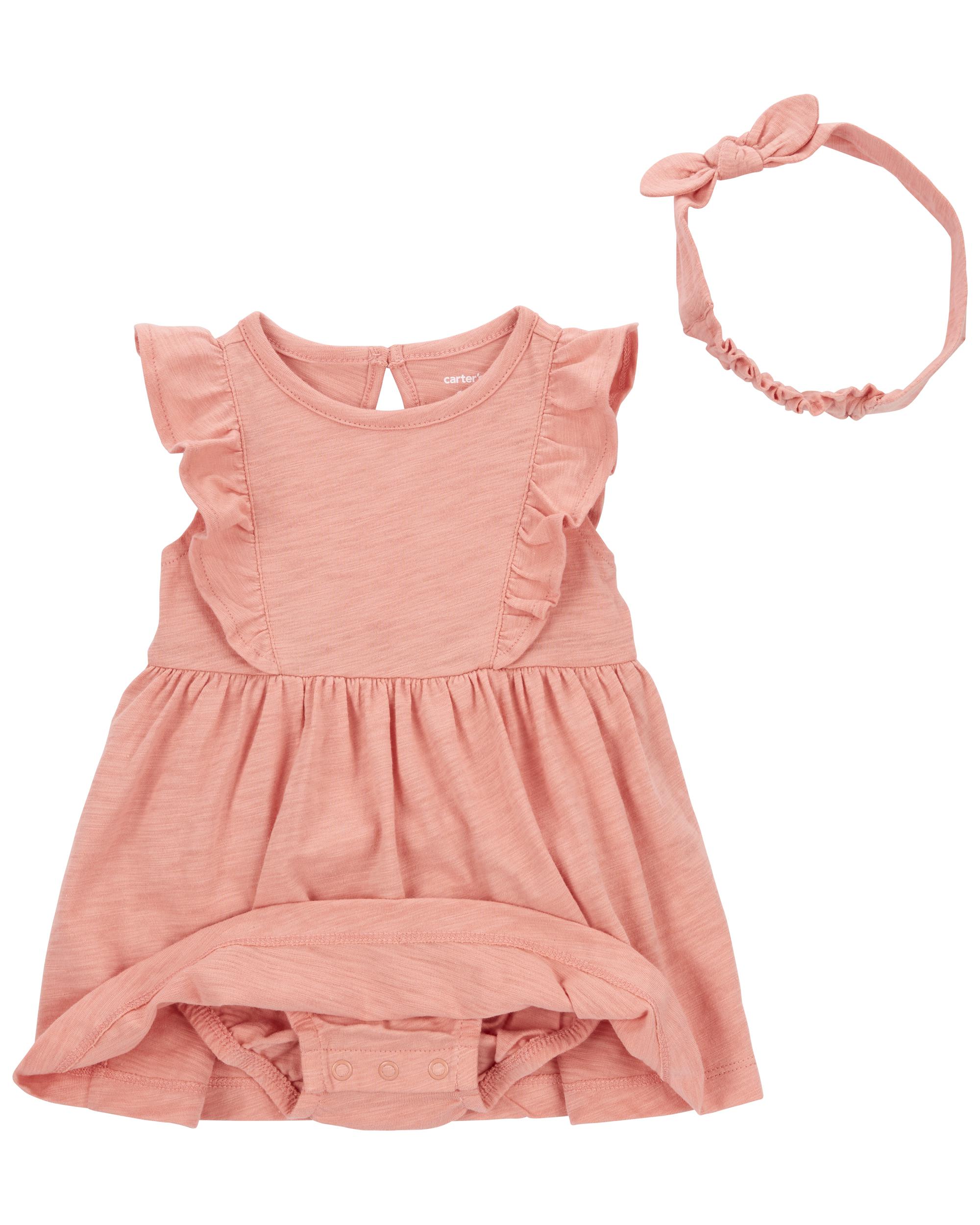 Pink 2-Piece Bodysuit Dress & Headwrap Set