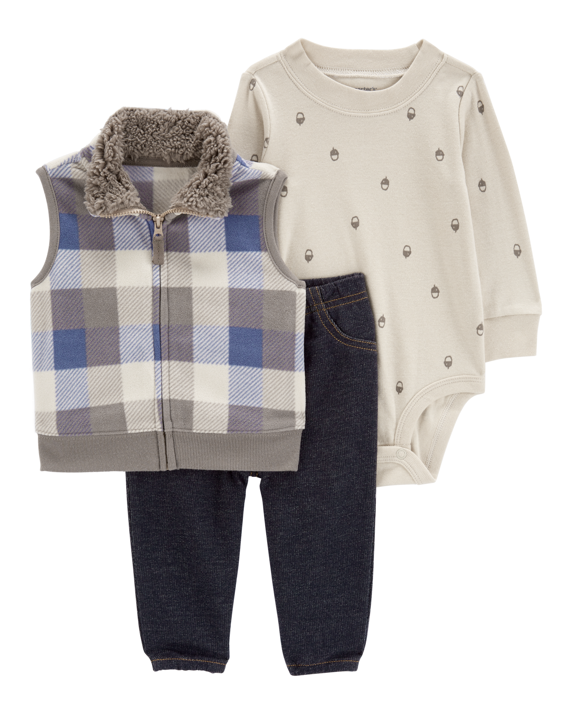 Baby 3-Piece Plaid Fleece-Lined Vest Set