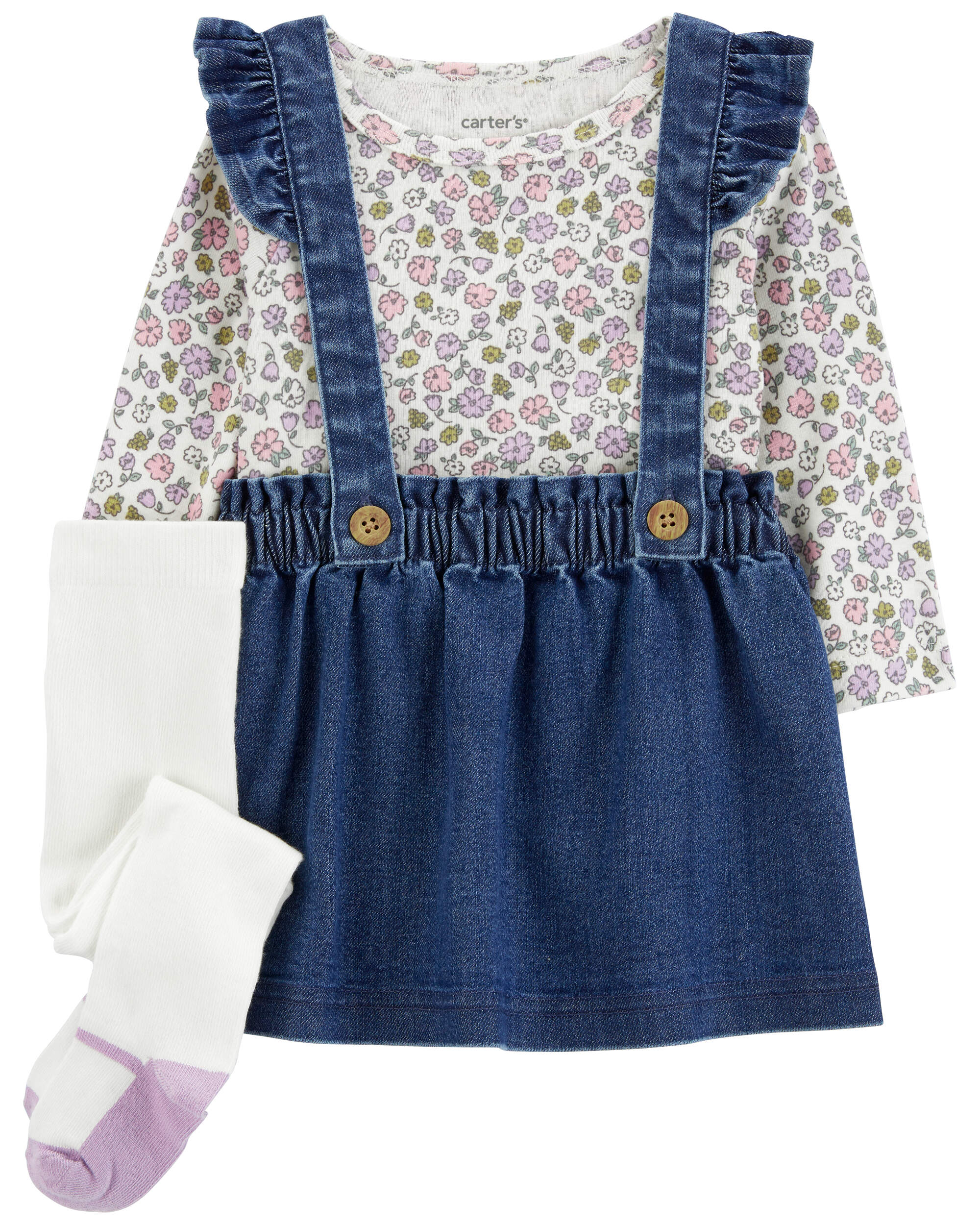 Baby 3-Piece Floral Long-Sleeve Bodysuit & Chambray Jumper Set