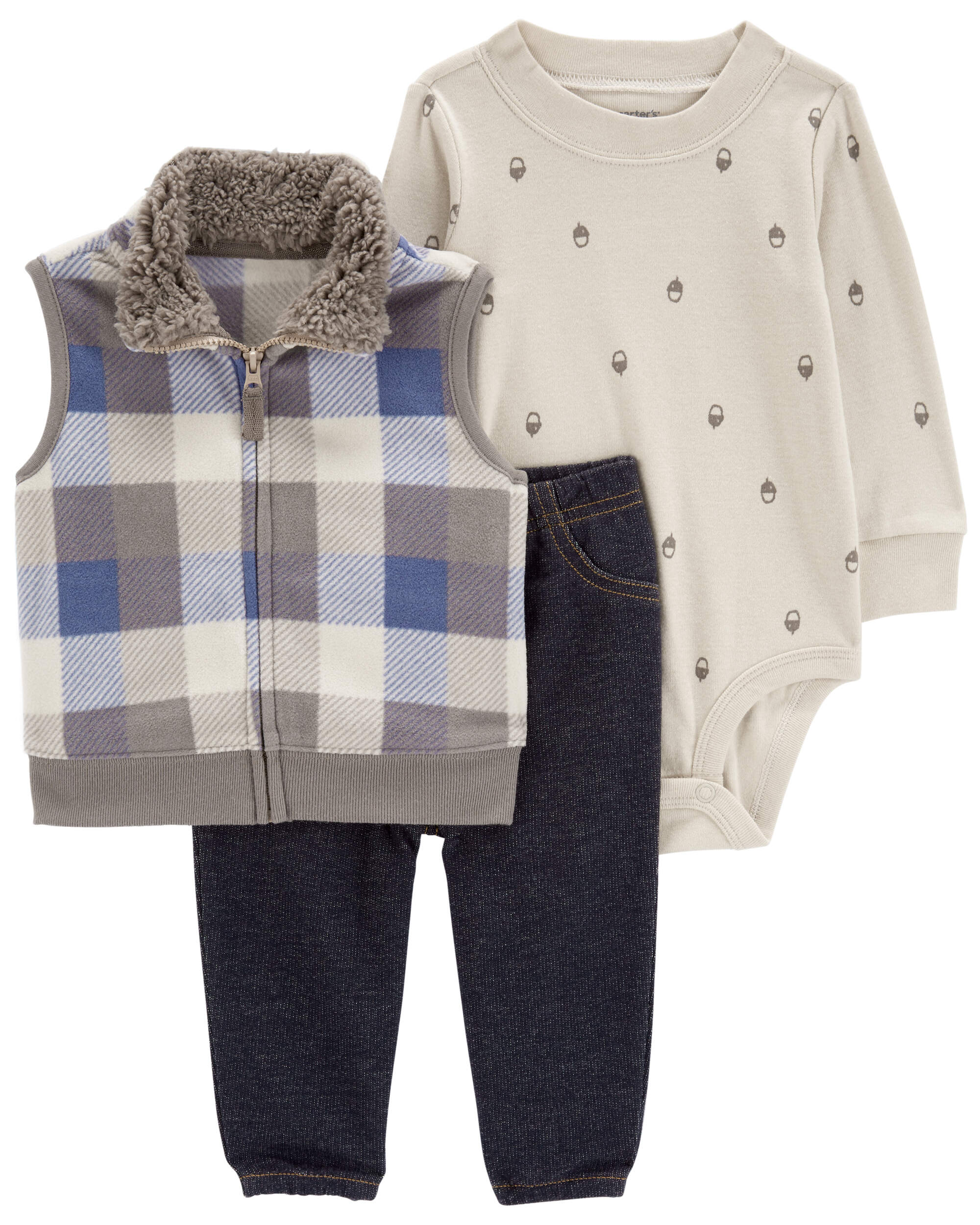 Baby 3-Piece Plaid Fleece-Lined Vest Set