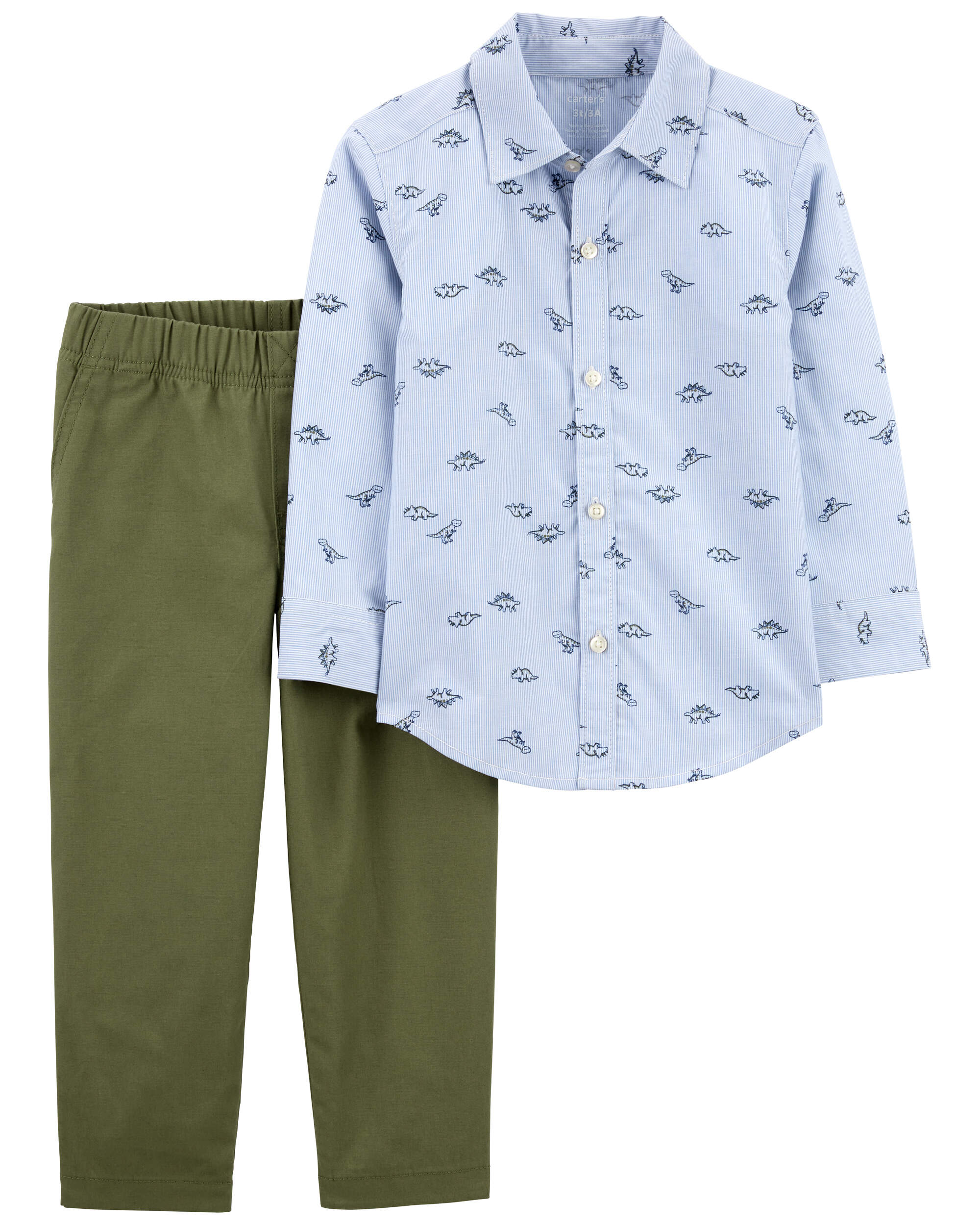 Toddler 2-Piece Dinosaur Button-Front Shirt & Canvas Pant Set