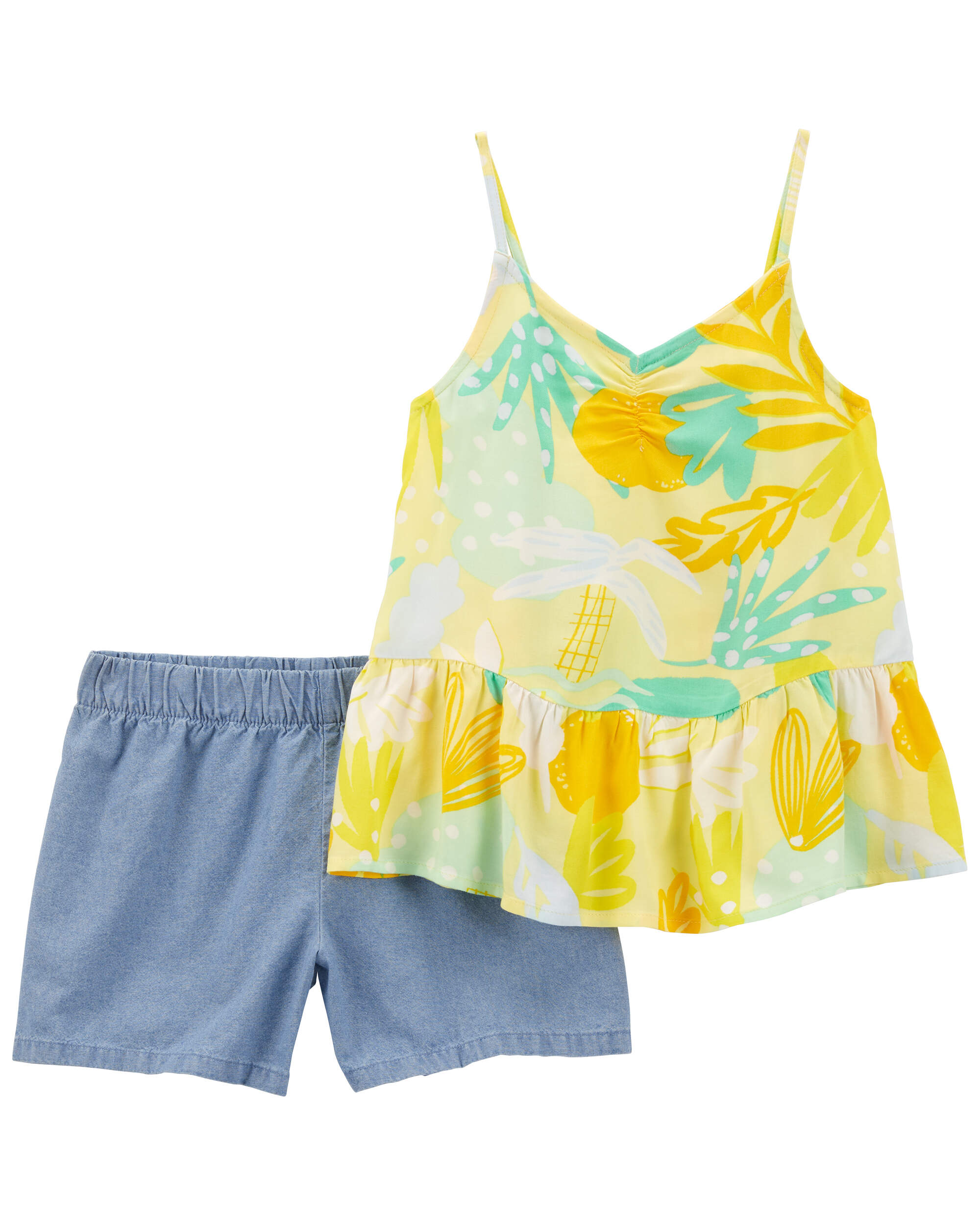 Kid 2-Piece Floral Tank & Chambray Short Set