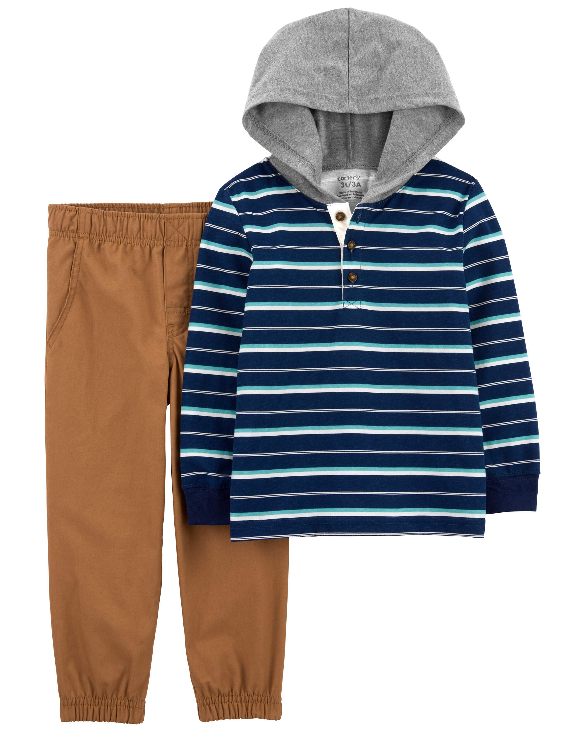 2-Piece Striped Hooded Tee & Canvas Pant Set