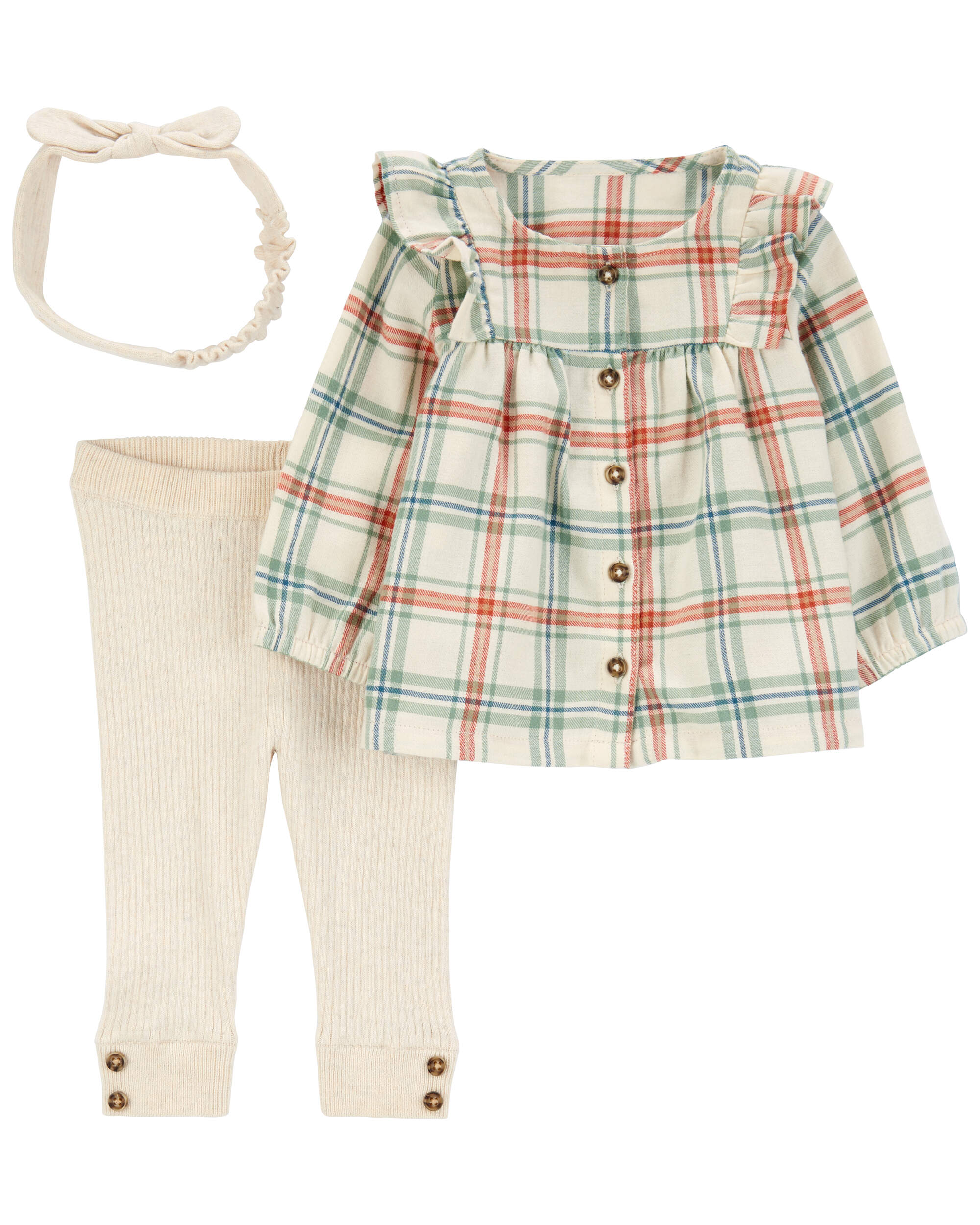 Baby 3-Piece Plaid Flannel Top & Ribbed Legging Set