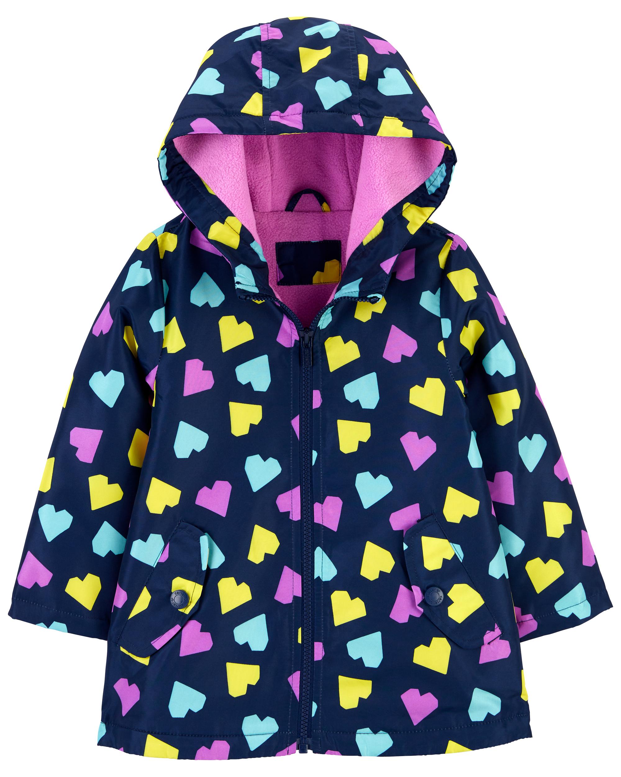 Fleece-Lined Heart Print Rain Jacket