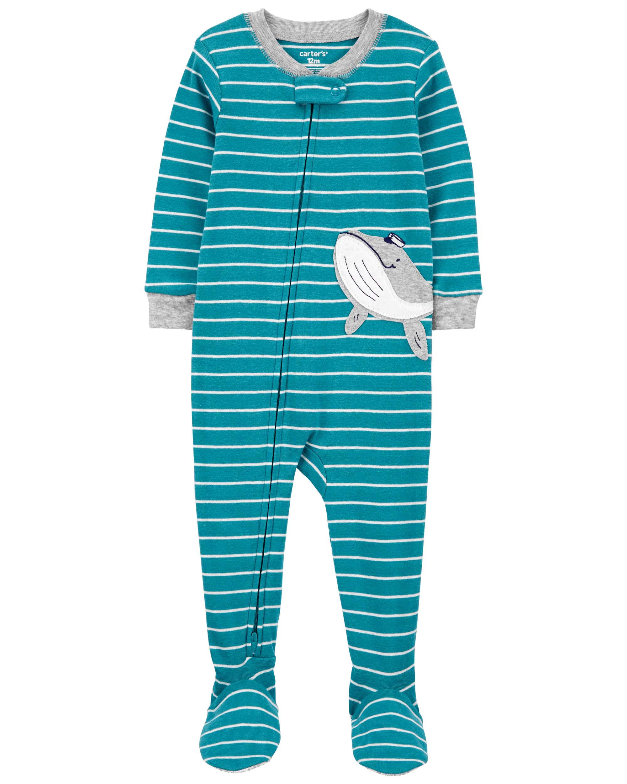 Toddler 1-Piece Striped Whale 100% Snug Fit Cotton Footed Pyjamas
