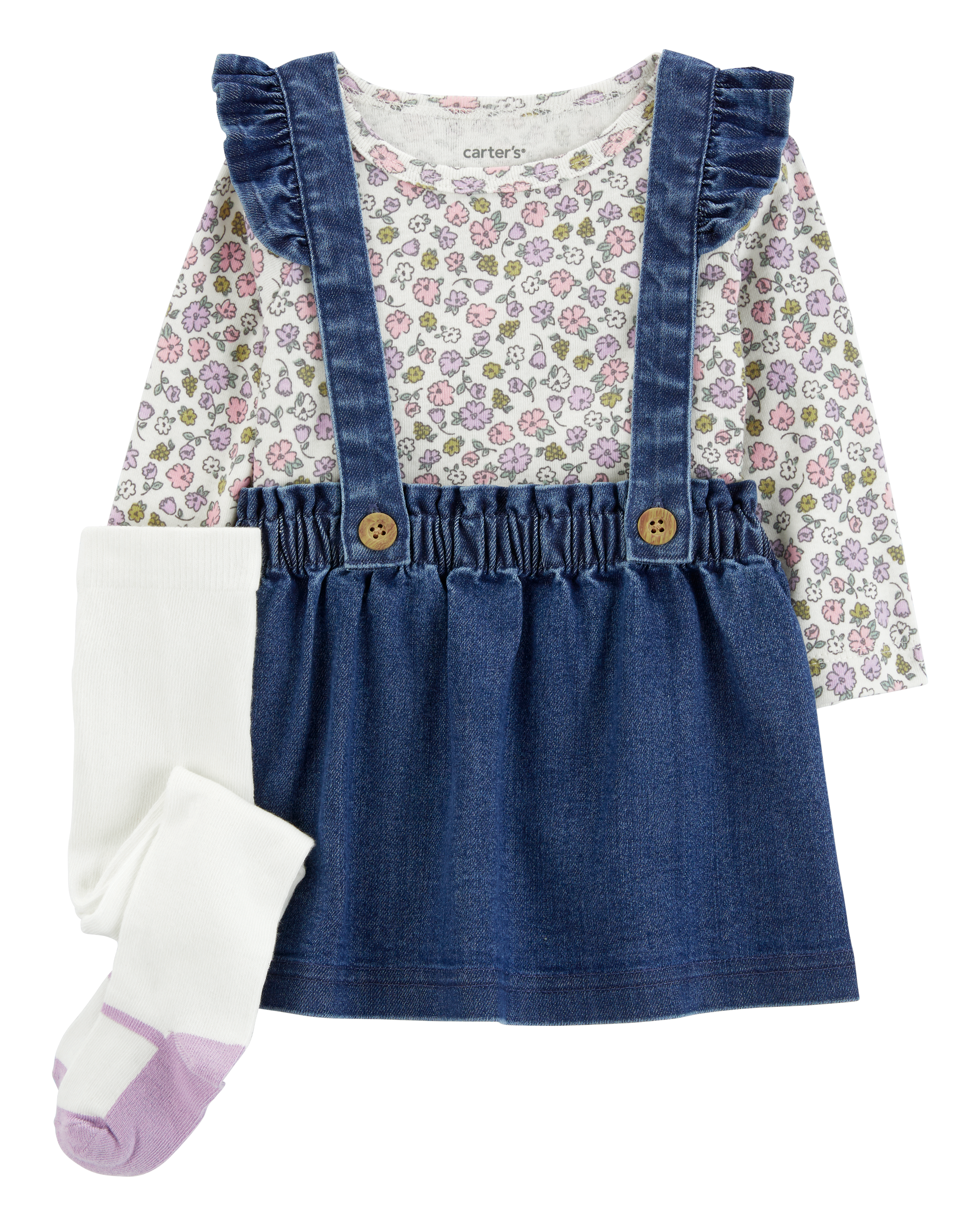 Baby 3-Piece Floral Long-Sleeve Bodysuit & Chambray Jumper Set