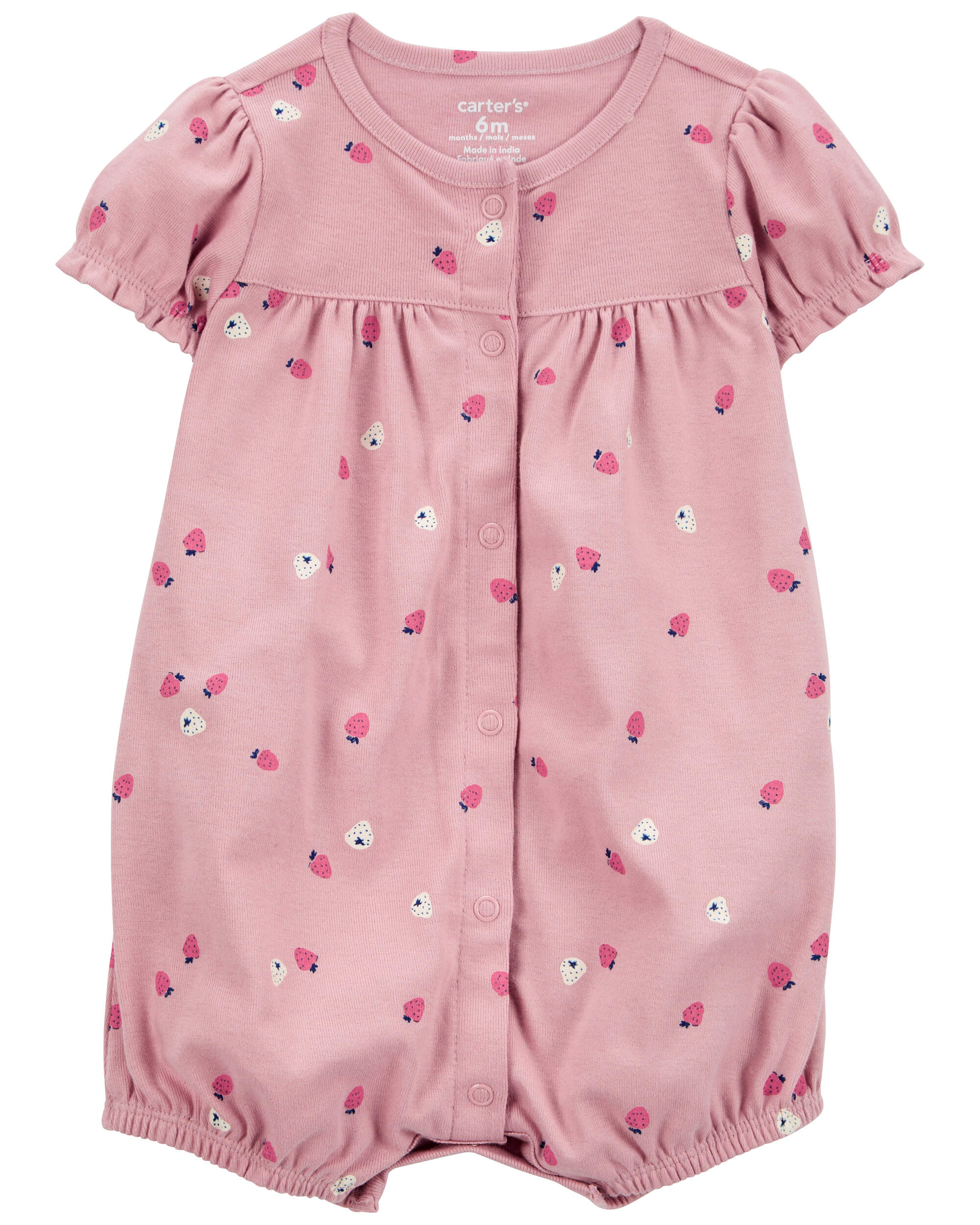 Baby Strawberry Print Ribbed Short-Sleeve Romper - Pink