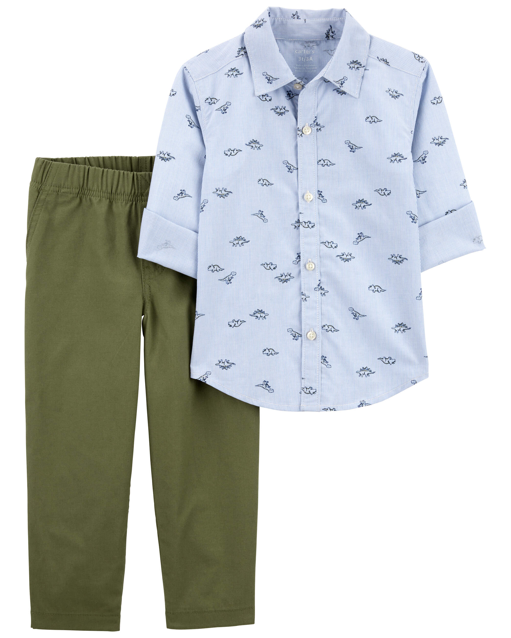 Toddler 2-Piece Dinosaur Button-Front Shirt & Canvas Pant Set
