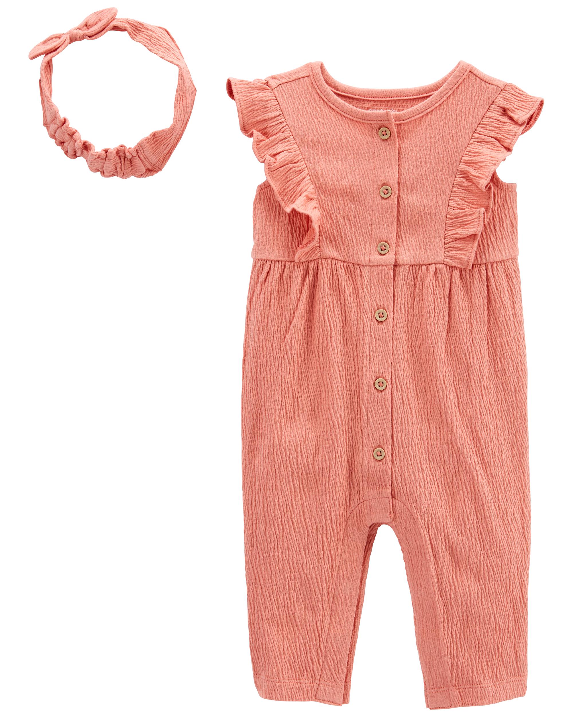 Pink 2-Piece Crinkle Jersey Jumpsuit & Headwrap Set | Carter's