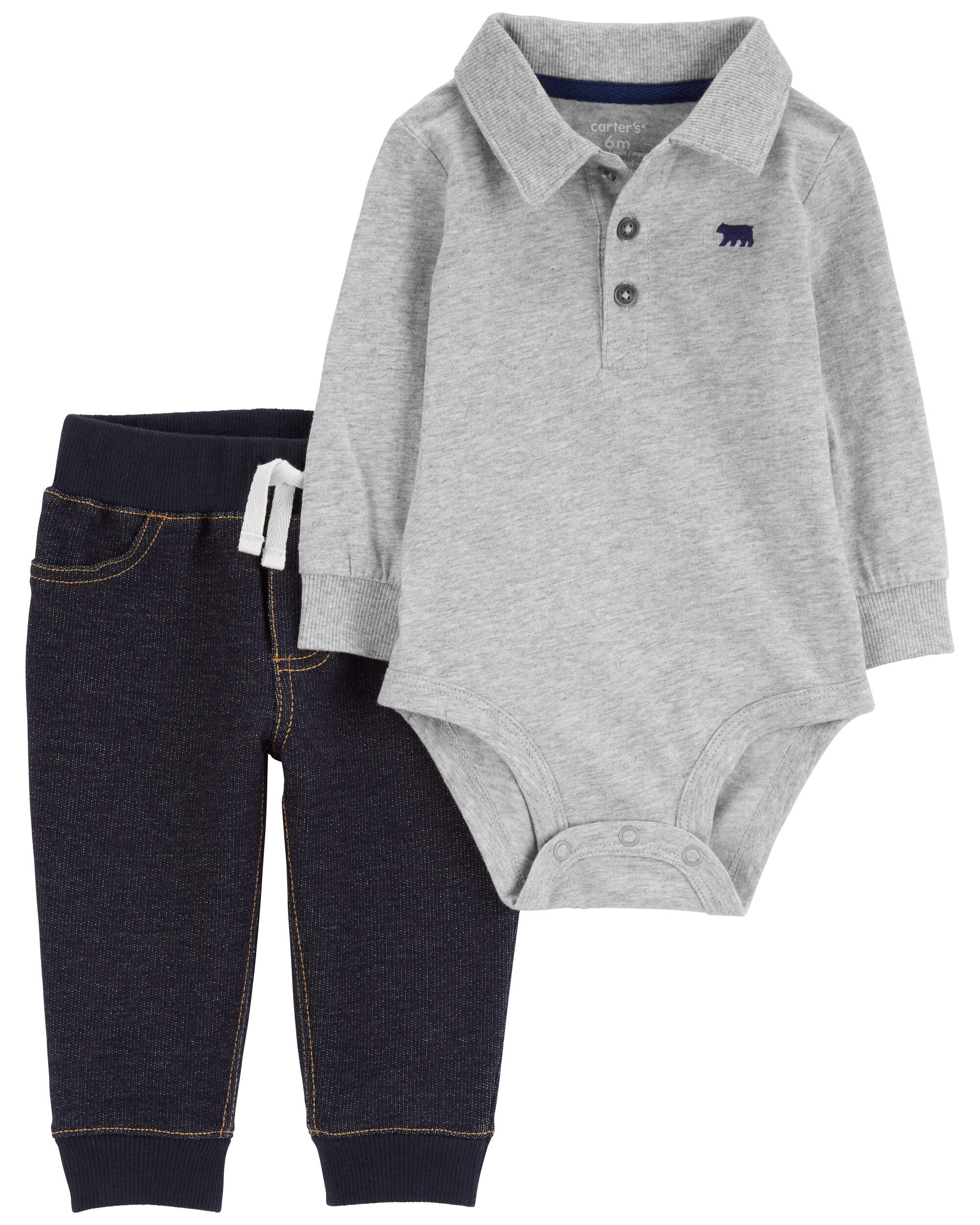 Baby 2-Piece Grey Classic Polo and Pants Set