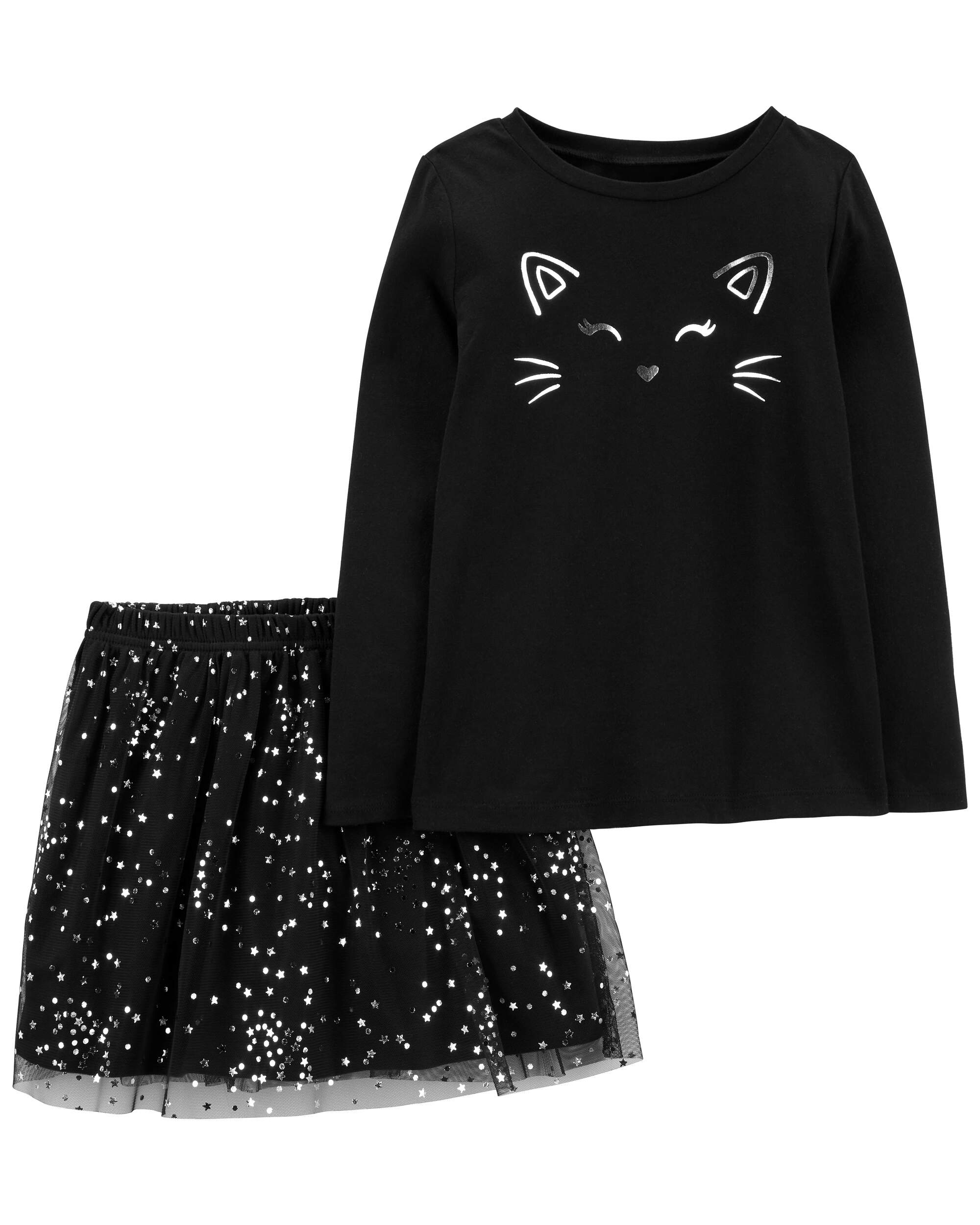Kid 2-Piece Halloween Cat Tee & Tulle Skirt Set