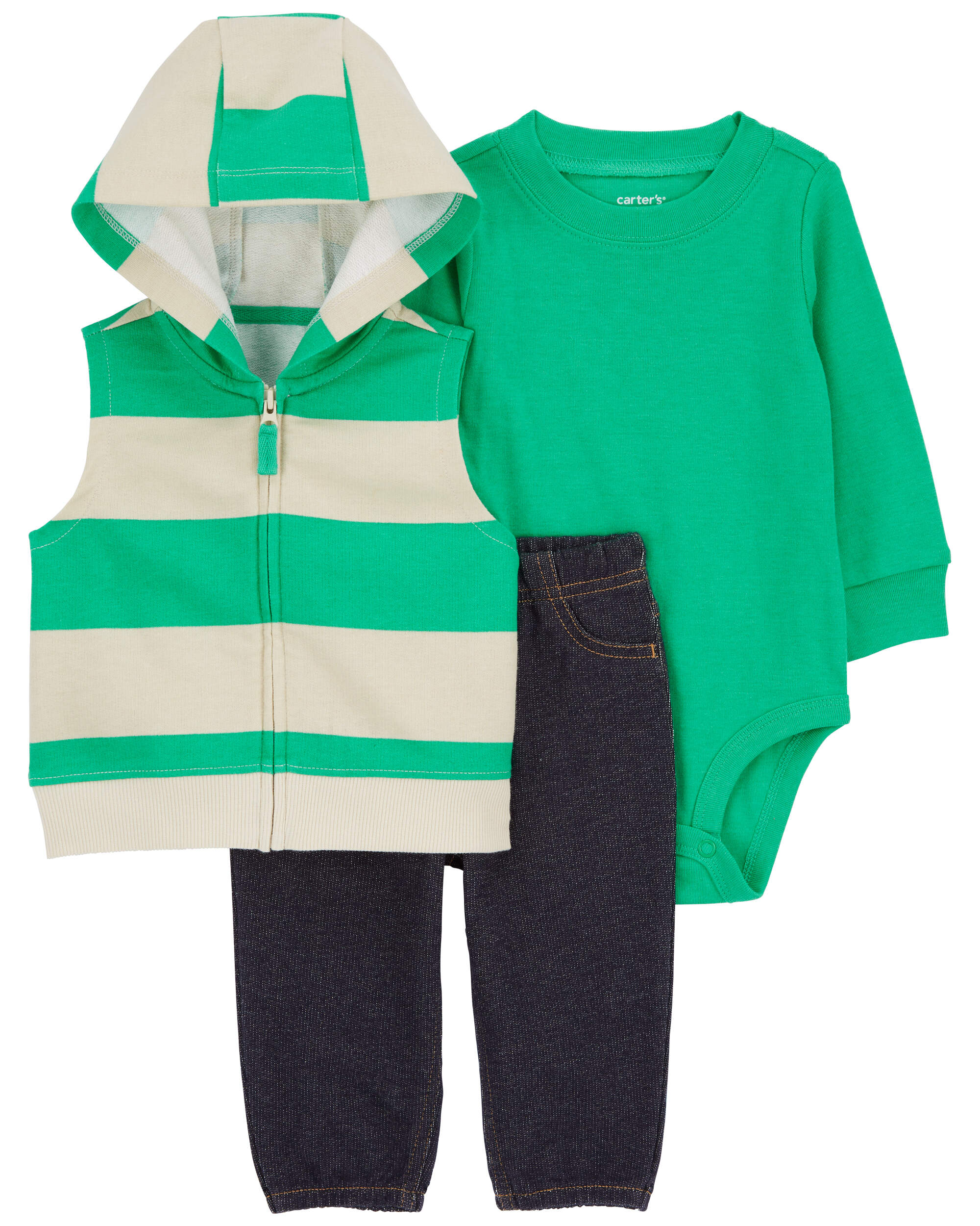 Green 3-Piece Rugby Stripe Little Vest Set | Carter's