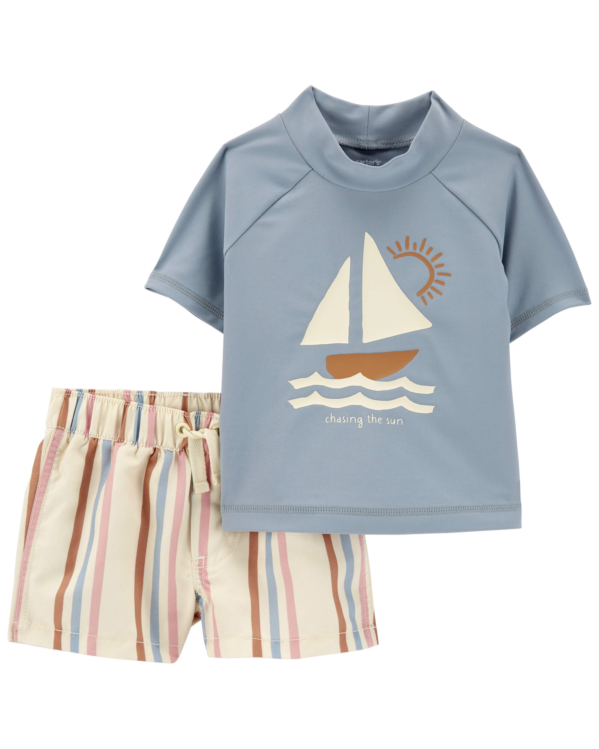 Baby 2-Piece Sailboat Rashguard & Striped Swim Trunk Set