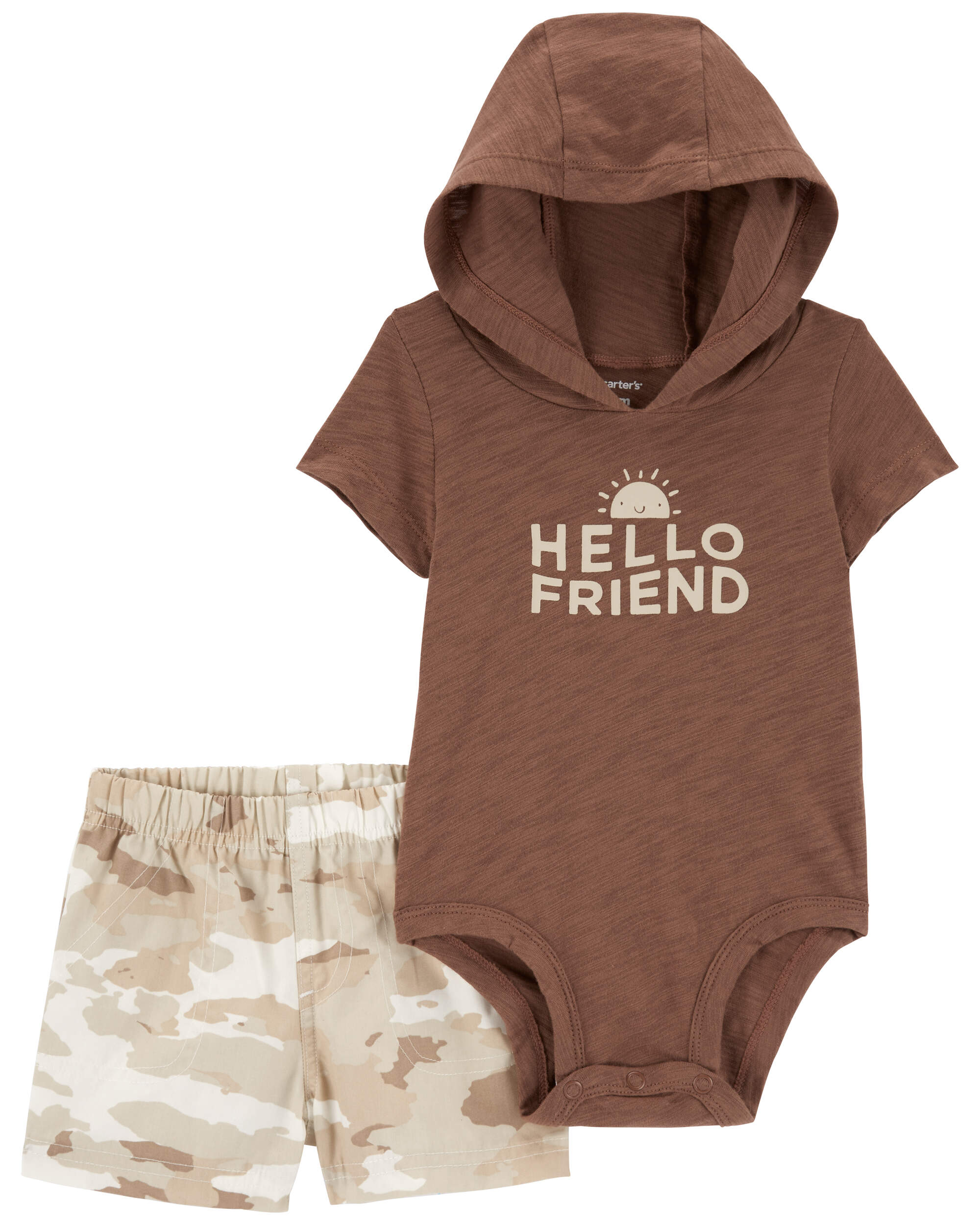 Brown Baby 2-Piece Hello Friend Hooded Bodysuit & Camo Short Set 