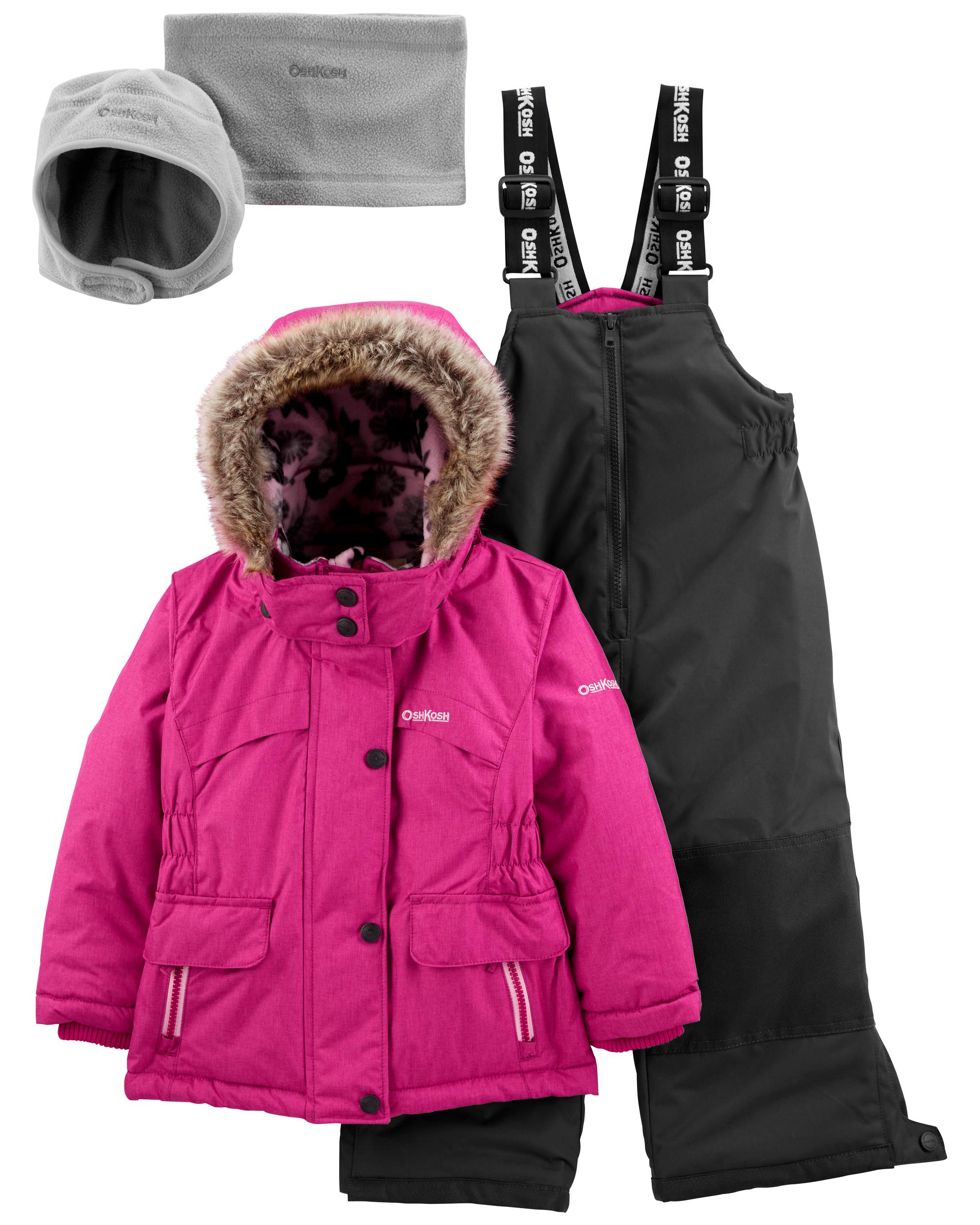 Fuchsia, Charcoal 2-Piece Snowsuit With Bonus Hat & Neck Warmer