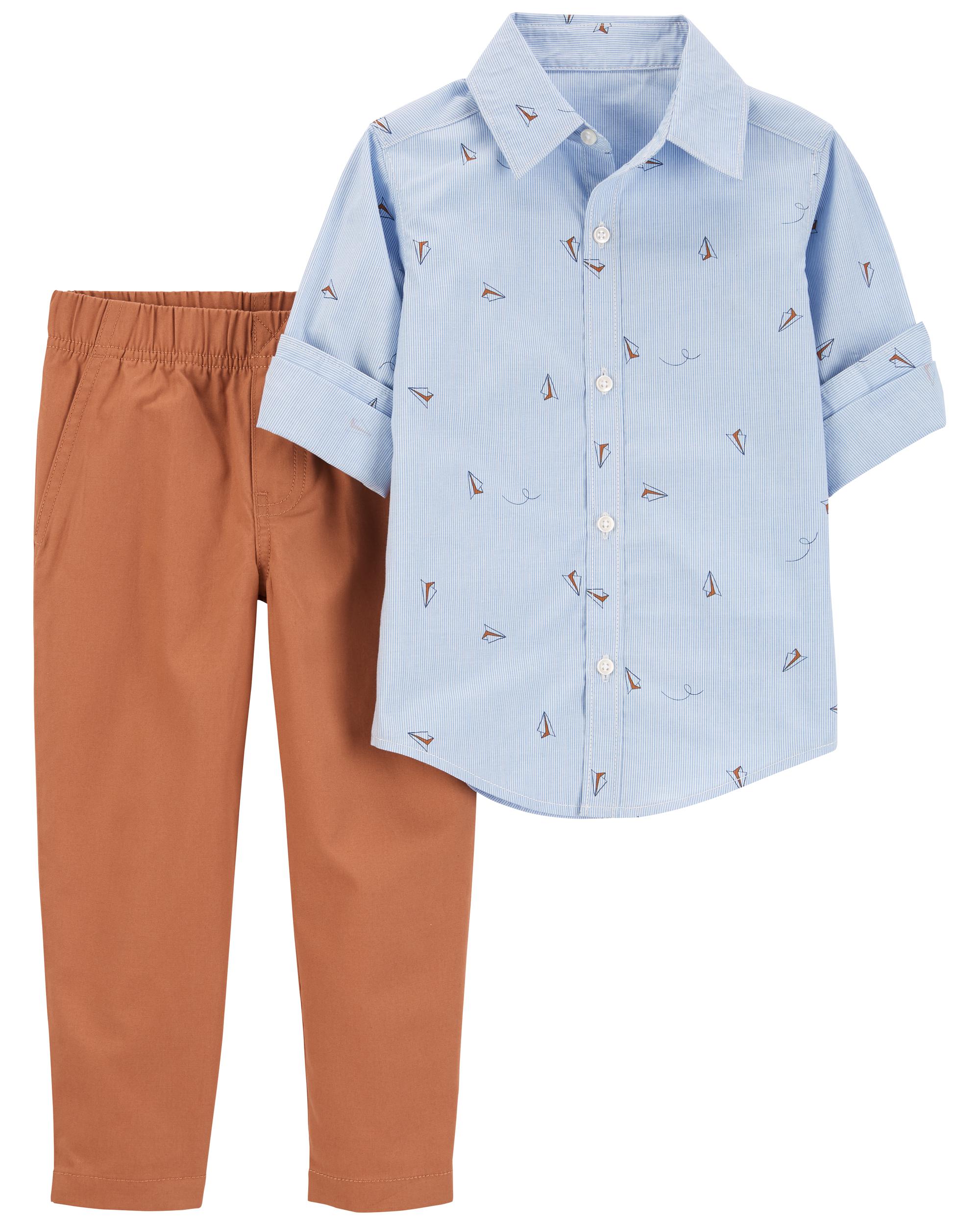 Blue/Brown 2-Piece Button-Front Shirt & Pant Set | Carter's