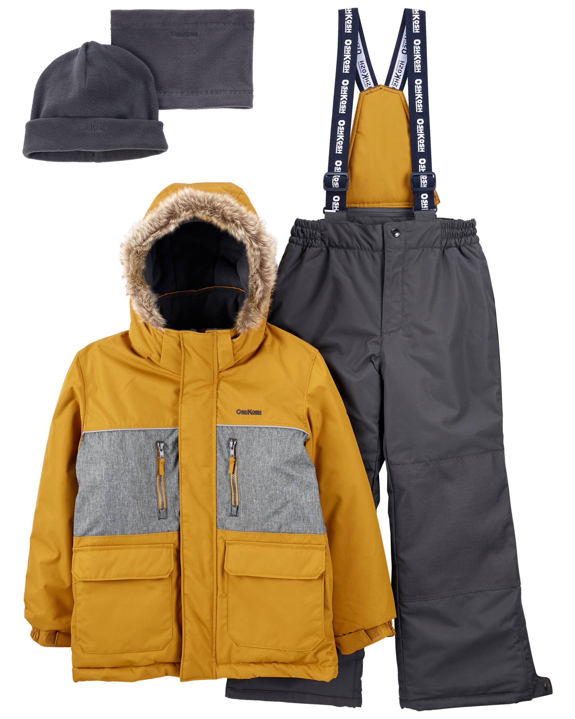 Mustard, Grey 2-Piece Snowsuit With Bonus Hat & Neck Warmer