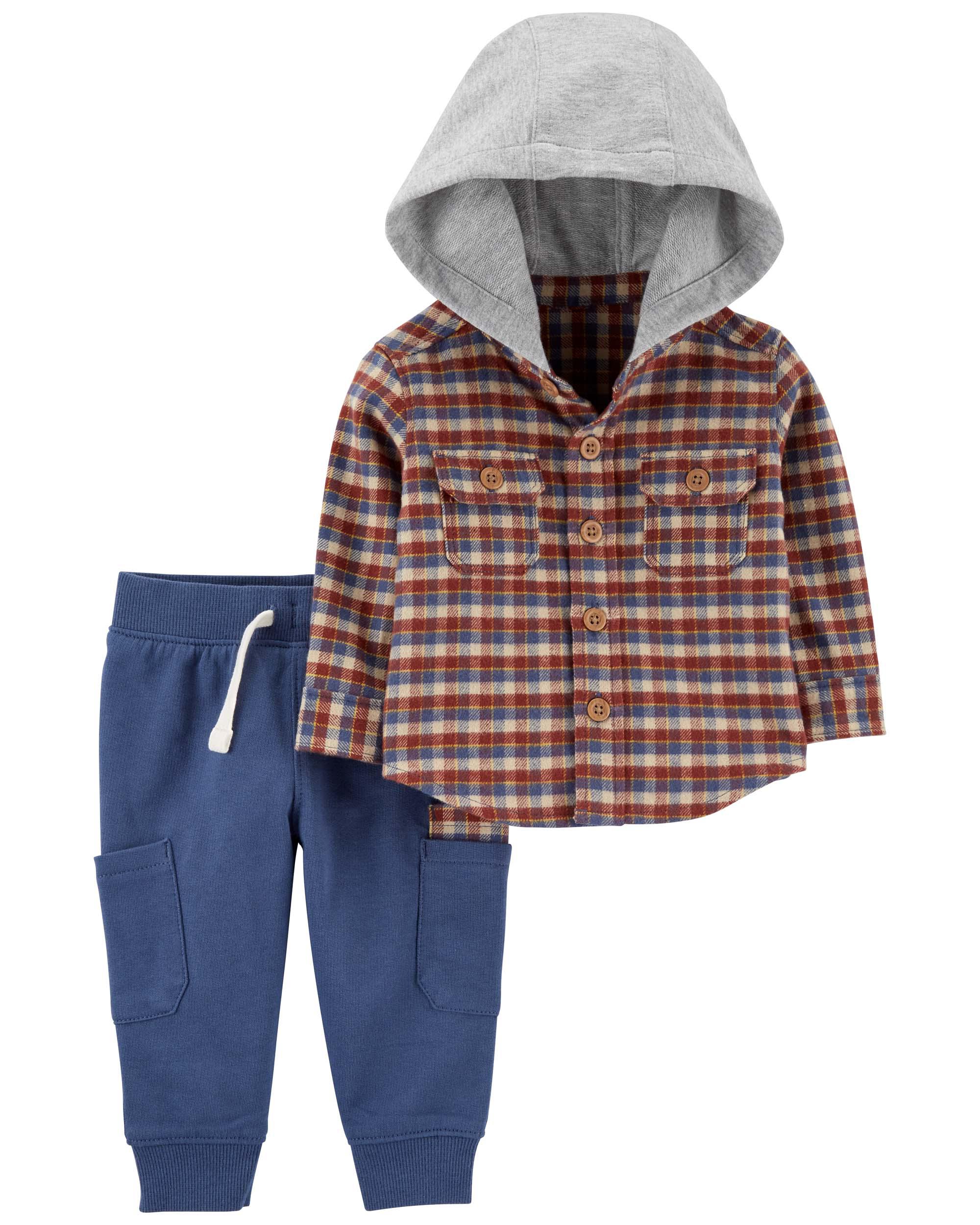 2-Piece Hooded Plaid Shirt & Pant Set