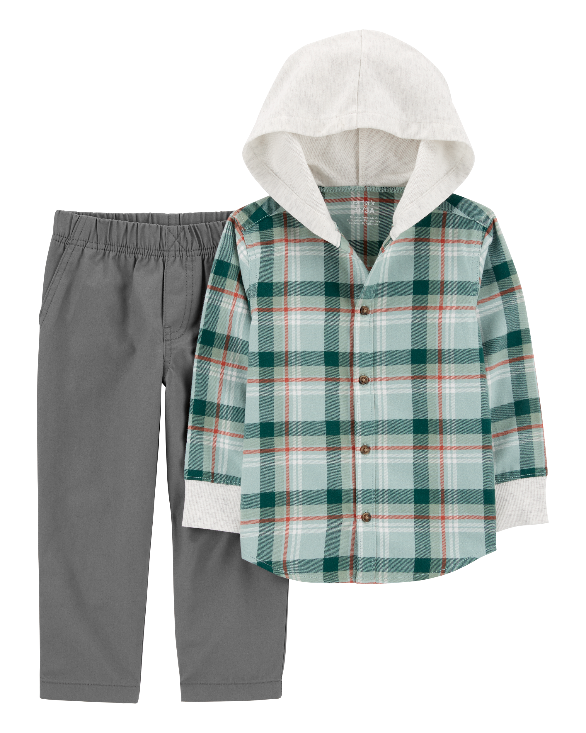 Toddler 2-Piece Plaid Hooded Button-Front & Pant Set