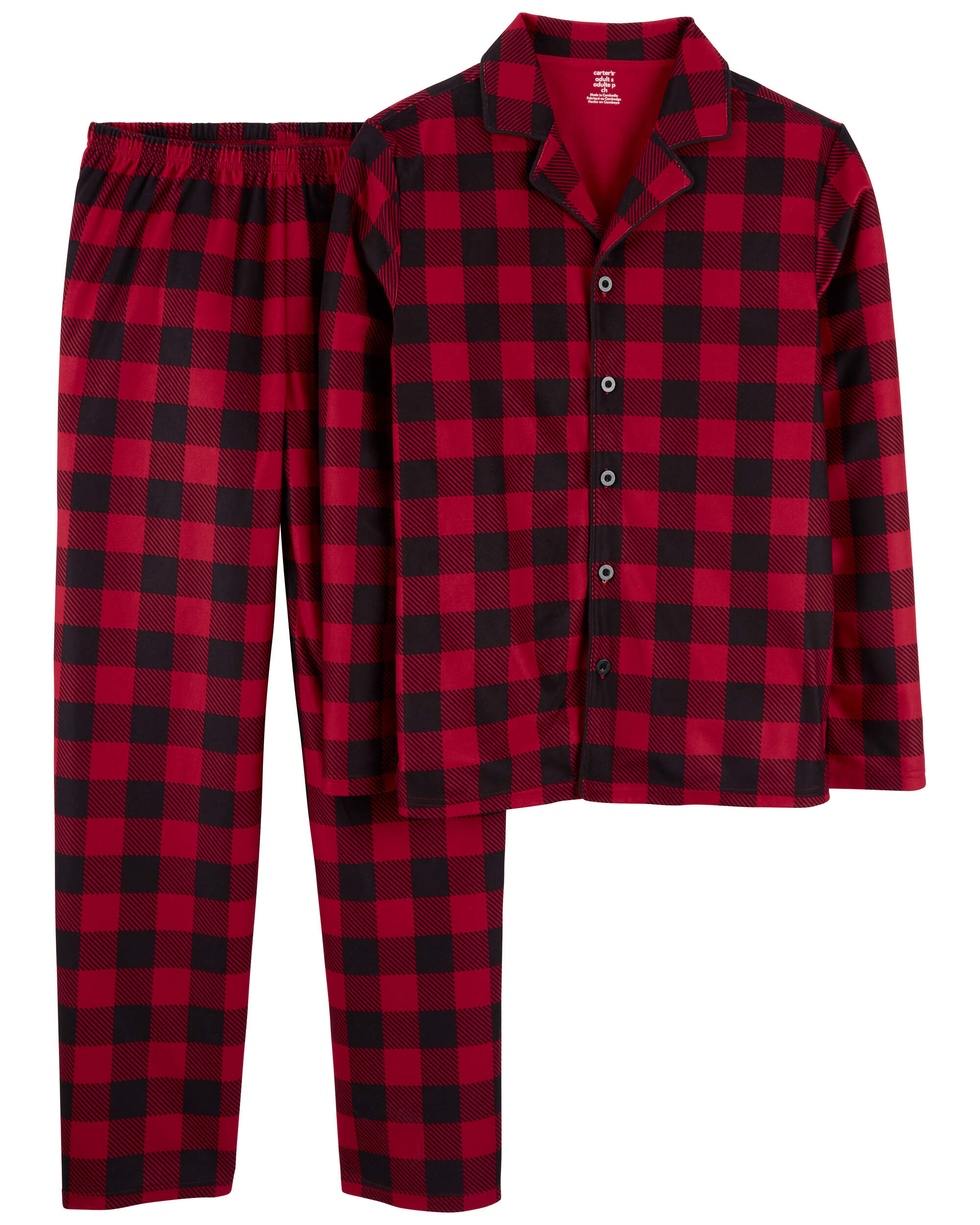 Adult 2 Piece Buffalo Check Fleece Coat Style Pyjamas