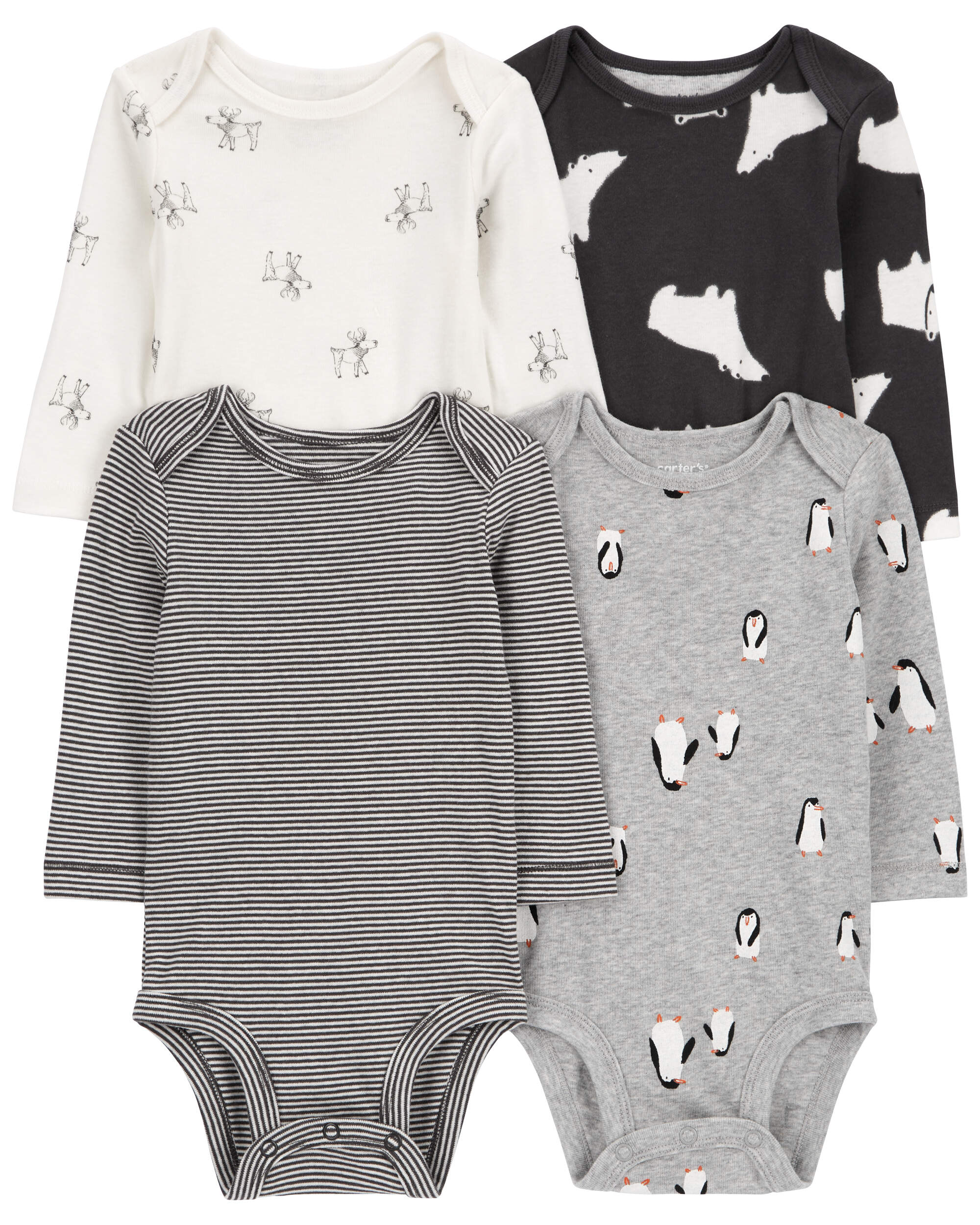 Baby 4-Pack Long-Sleeve Winter Animals Bodysuits