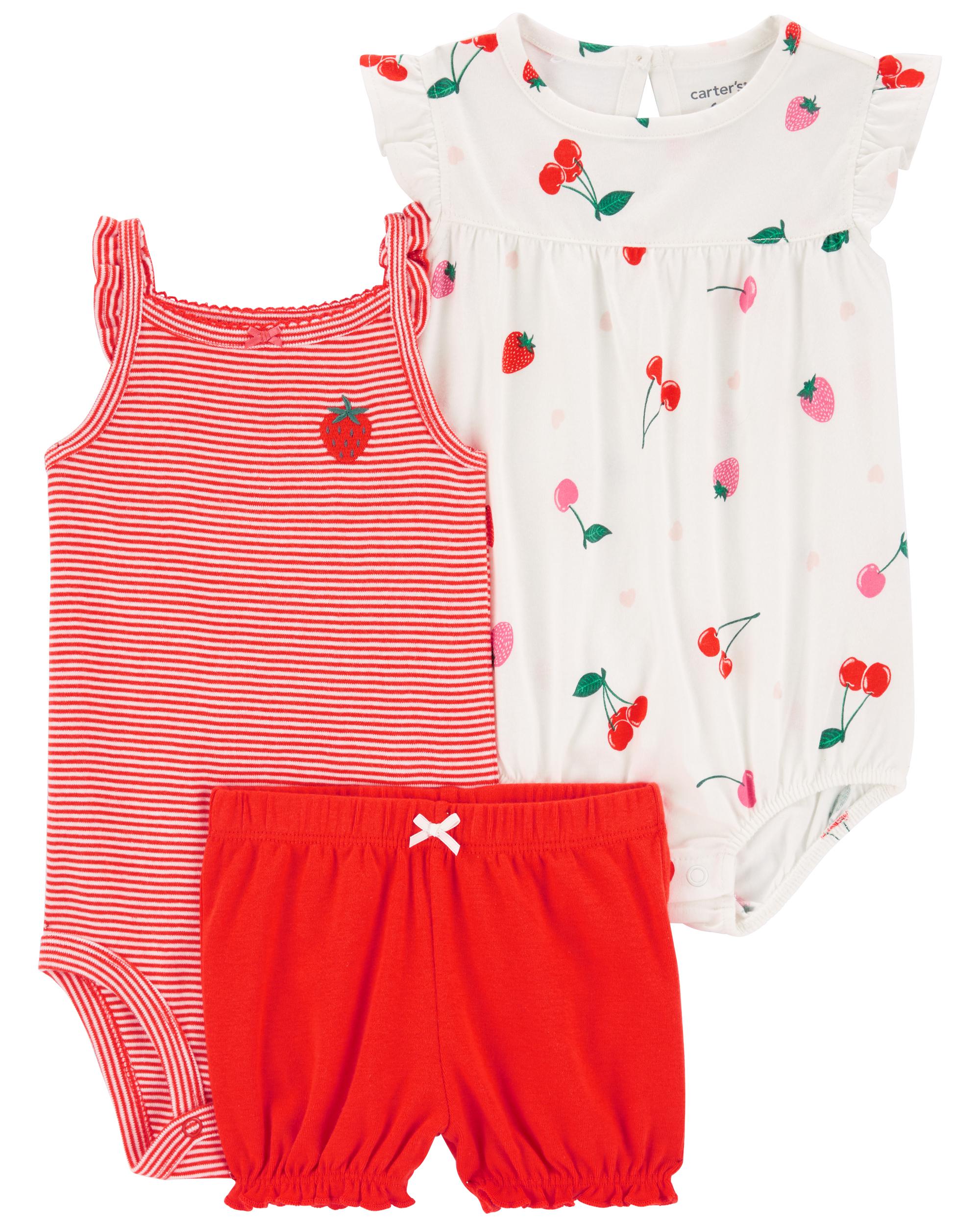 Strawberry Print 3-Piece Little Bodysuit Set