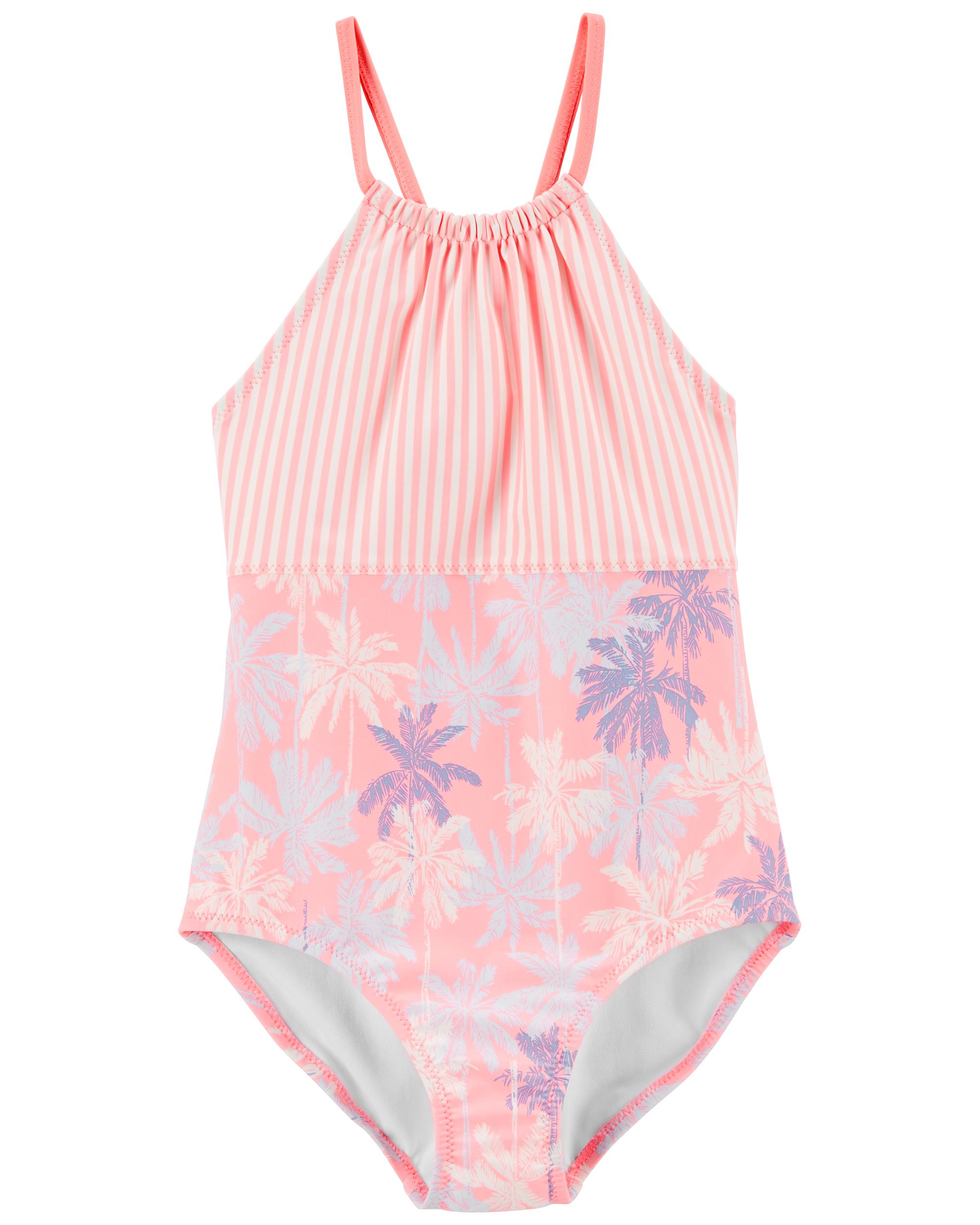 Pink Palm and Stripe Mix Print 1-Piece Swimsuit