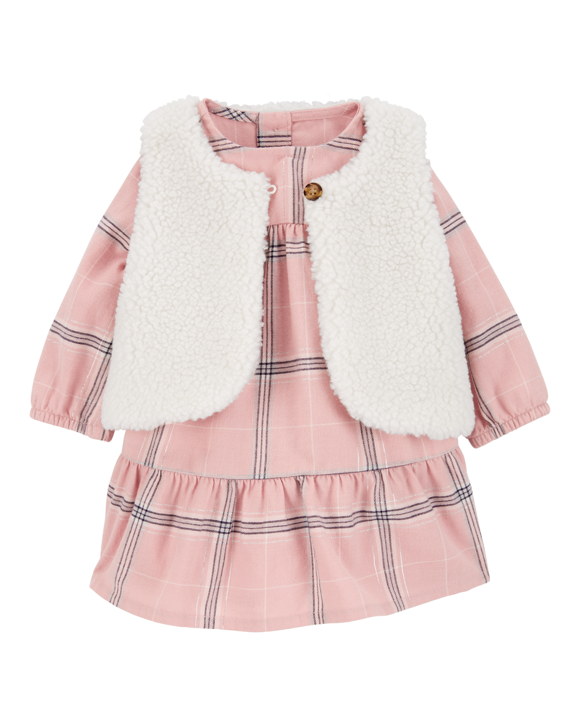 Baby 2-Piece Plaid Dress & Sherpa Vest Set