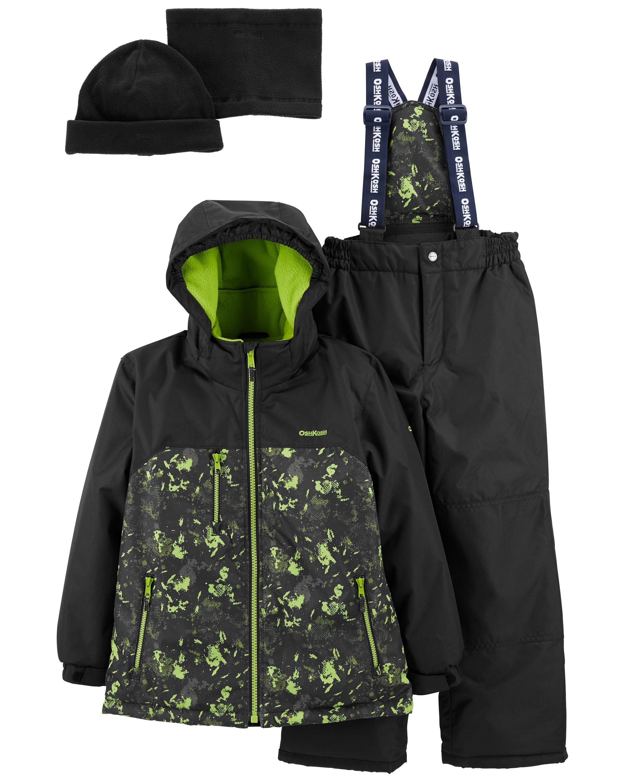 Green, Black 2-Piece Snowsuit With Bonus Hat & Neck Warmer