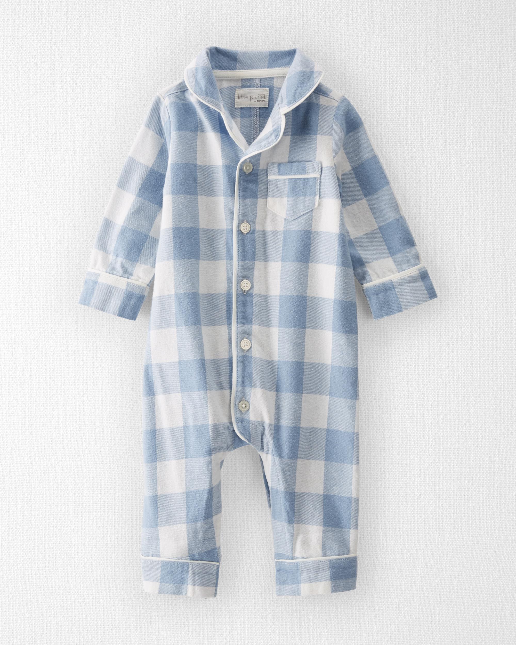 Button-Front Unisex Kids Pajamas - Blue Plaid in Kid's Cotton